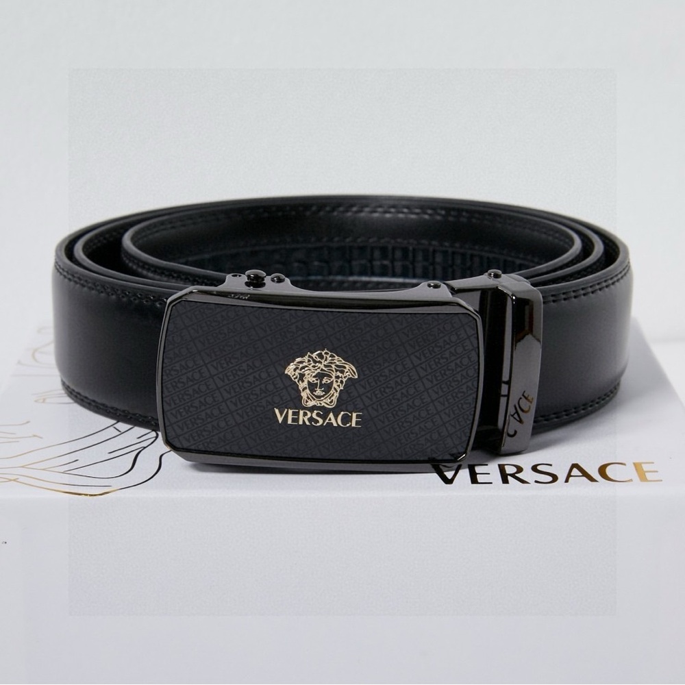 Versace Black Leather Belt with Gold Logo